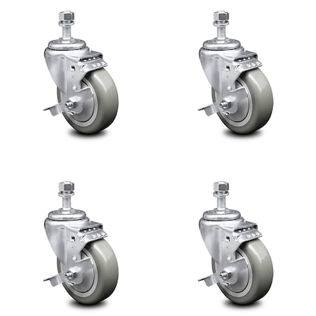 Service Caster 4 Inch Gray Polyurethane Swivel 1/2 Inch Threaded Stem Caster Set with Brake SCC SCC-TS20S414-PPUB-TLB-121315-4